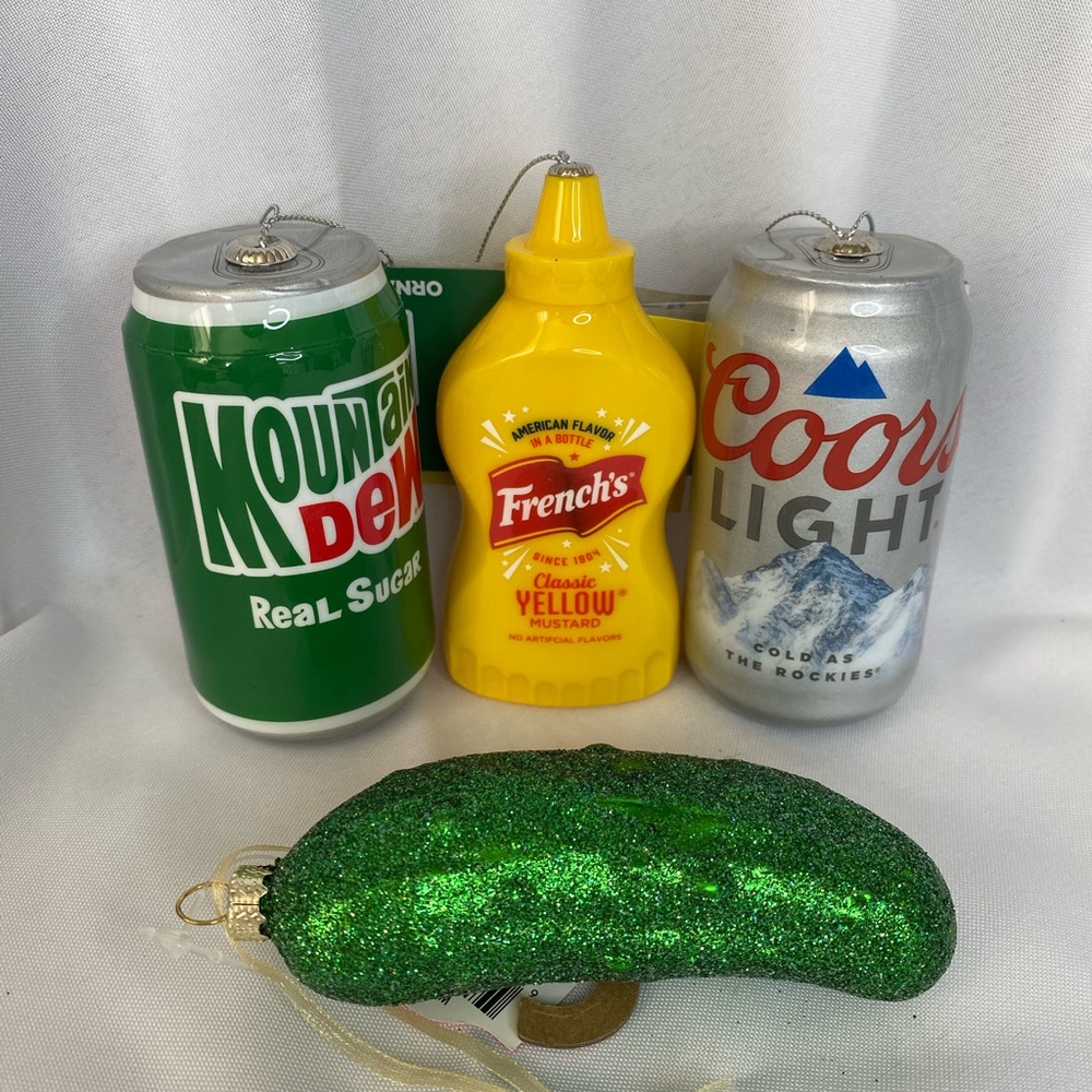 4 Christmas ornaments novelty food Coors light Mountain Dew mustard pickle